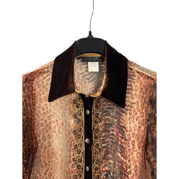 Y2K City Girl By Nancy Bolen Animal Print Sheer Button Front Top Velvet Collar L - Picture 2 of 7